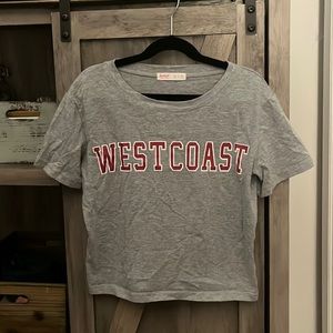 ROMWE Heather Gray/Maroon WEST COAST Cropped Tee,XS